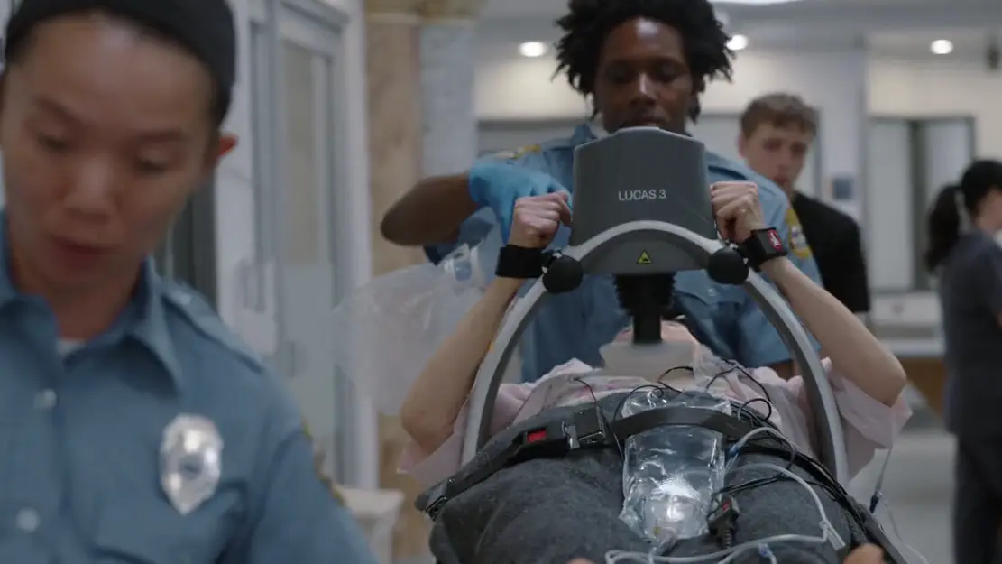 EMS arriving with 89-year-old patient undergoing active CPR.