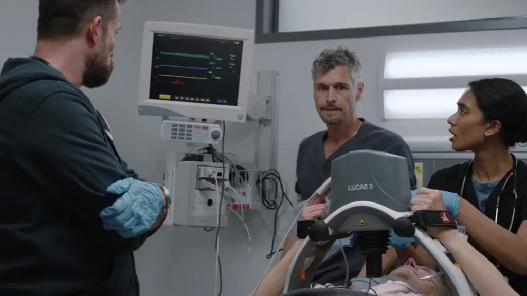 Monitor rhythm strip displaying Ventricular Fibrillation (V-fib).